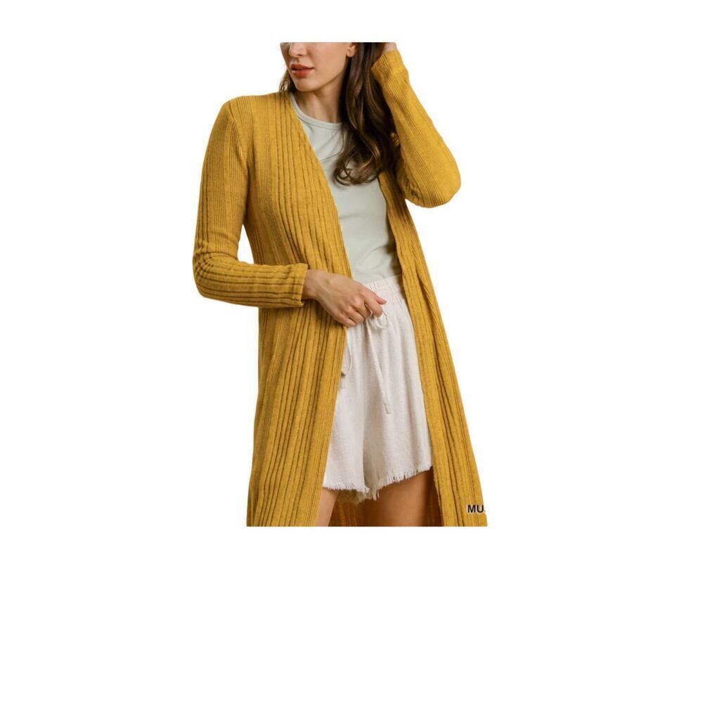 Umgee Mustard Yellow Ribbed Knit Open Long Cardigan Duster size S